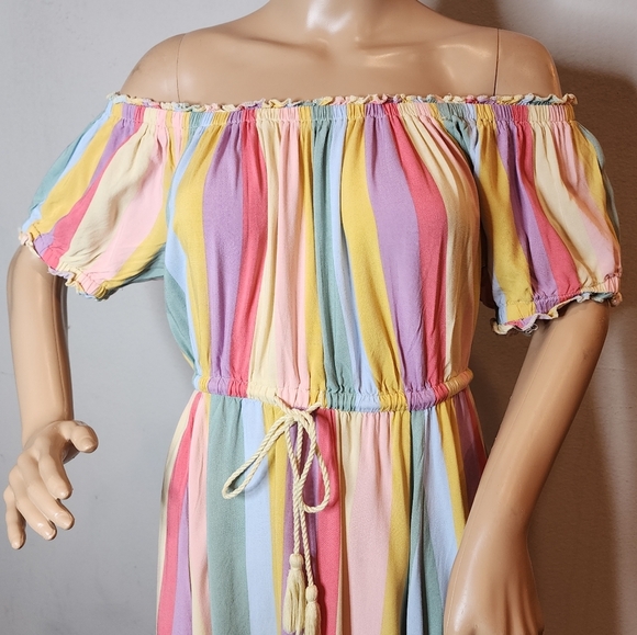 Torrid Midi Challis Off-Shoulder Dress Rainbow Stripe Stretch Size 0 Lrg pockets - Picture 6 of 16